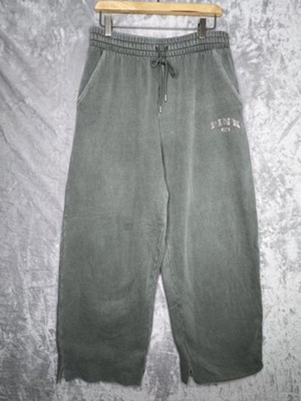 PINK Sweatpants Womens Medium Green Fleece Wide Leg Drawstring Pockets Hem